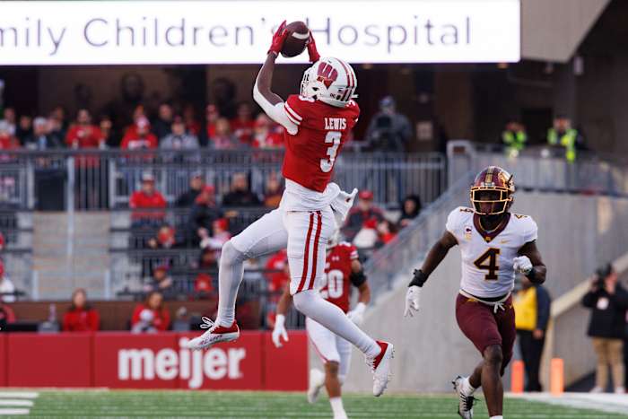 Nov 26, 2022; Madison, Wisconsin, USA; Wisconsin Badgers wide receiver Keontez Lewis (3) catches a pass during the second quarter against the Minnesota Golden Gophers at Camp Randall Stadium. Mandatory Credit: Jeff Hanisch-USA TODAY Sports